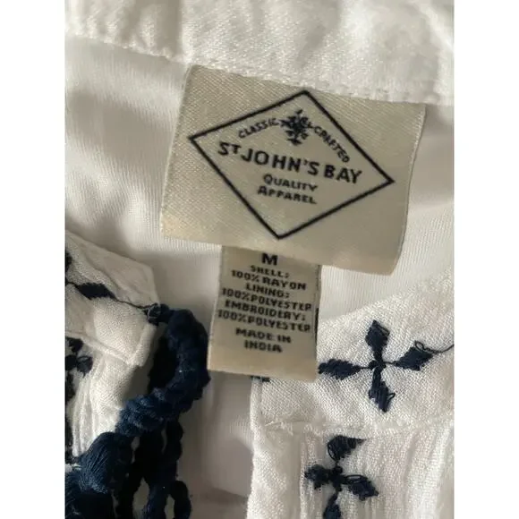 St. John's Bay White Gauze Sleeveless Dress with Blue Embroidery SZ M - Picture 3 of 7